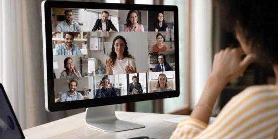 The image shows a woman sitting in front of the PC, participating in an online meeting.