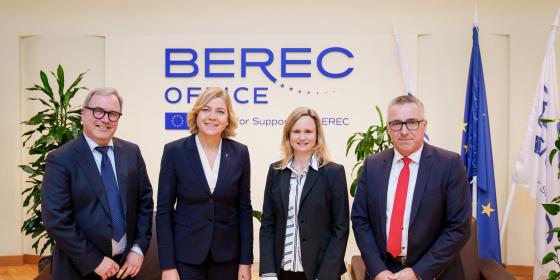 The image shows the Executive Vice-President of the European Commission Henna Virkkunen, BEREC Chair Robert Mourik (ComReg, Ireland), incoming BEREC Chair Marko Mismas (AKOS, Slovenia), and BEREC Office Director Verena Weber. The image shows the Executive Vice-President of the European Commission Henna Virkkunen, BEREC Chair Robert Mourik (ComReg, Ireland), incoming BEREC Chair Marko Mismas (AKOS, Slovenia), and BEREC Office Director Verena Weber.