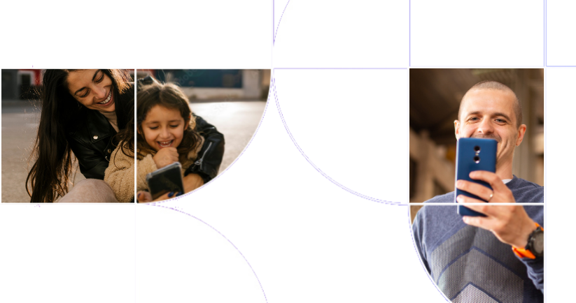 The image shows a woman together with a small child as well as a man, all looking at a mobile device The image shows a woman together with a small child as well as a man, all looking at a mobile device