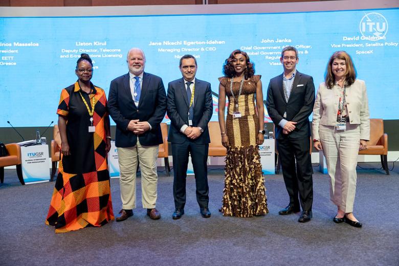 The image shows BEREC Vice-Chair Kostas Masselos with other speakers at the ITU GSR-24 in Kampala, Uganda