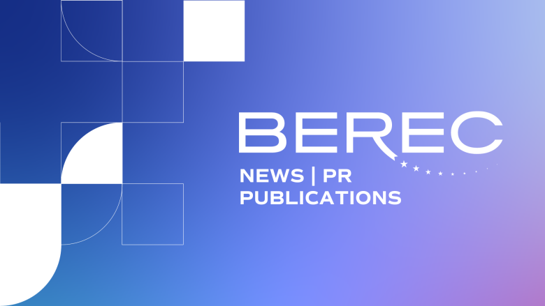 The image shows the BEREC logo with the text News, PR, Publications on a blue background with shapes in white